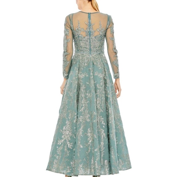 Mac Duggal 20337 NWT EMBELLISHED BOW BELT ILLUSION LONG SLEEVE A LINE DRESS - Picture 2 of 10